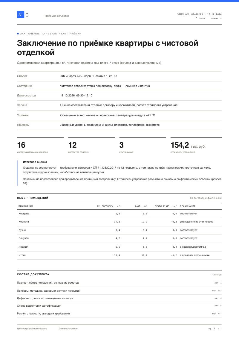 Квартира с отделкой: заключение по итогам приёмки
